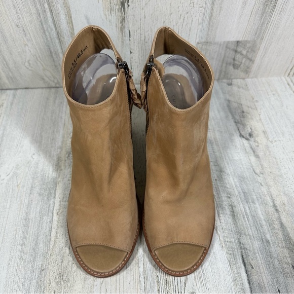 Chinese Laundry Women's Tan Suede Peep-Toe Ankle Booties with Stacked Heel #1380 - Picture 3 of 13